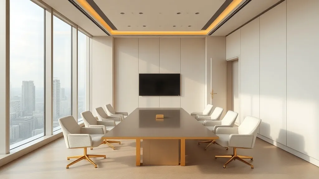 A minimalist meeting room in a high-rise building with a vie