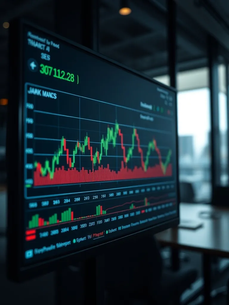 Detailed close up of financial charts on a screen in a dark