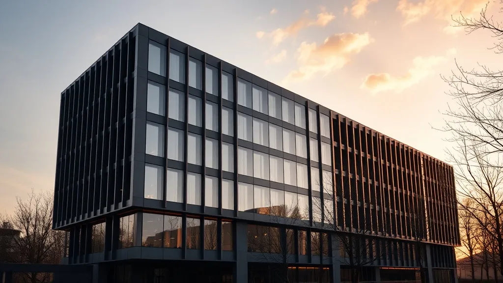 Modern architectural building in Győr with sharp lines, high