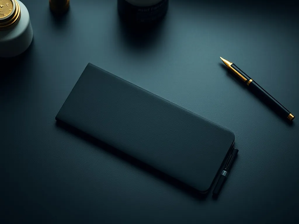 A minimalist professional workspace with a gold fountain pen