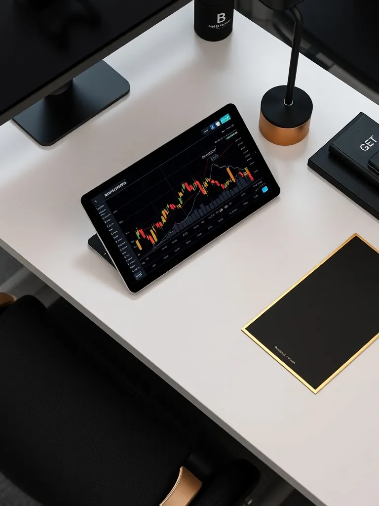 Professional clean office desk with a digital tablet showing