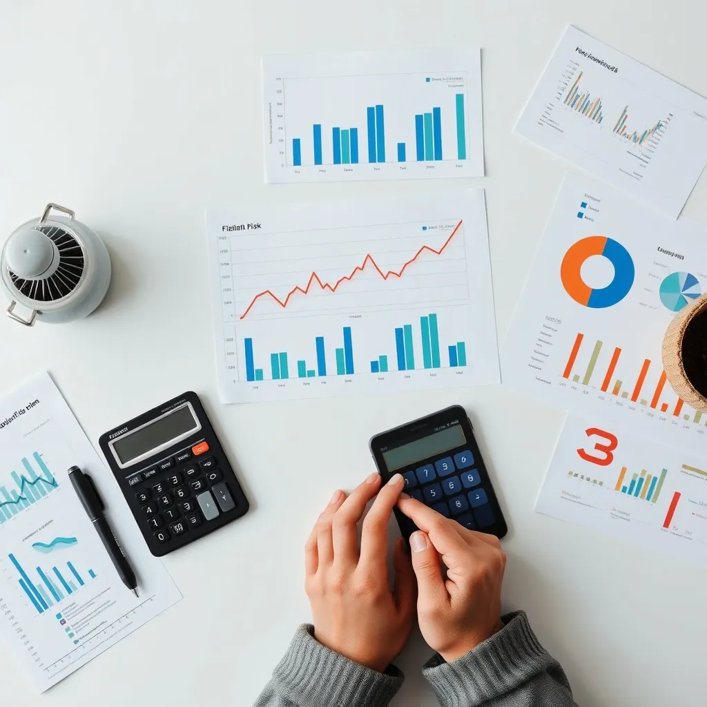 Professional financial risk assessment desk with charts, cal